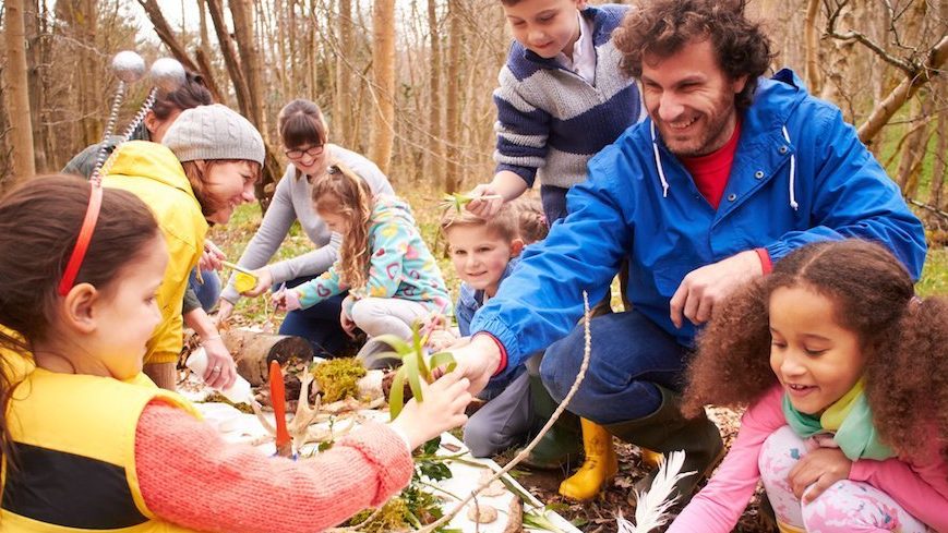 Kids and parent volunteers engage in outdoor learning